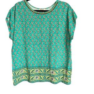 Women's Teal Floral Border Print Top